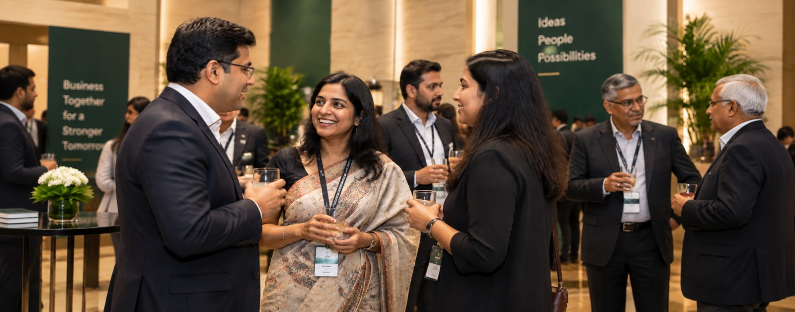 Business leaders in structured conversation at a networking lounge