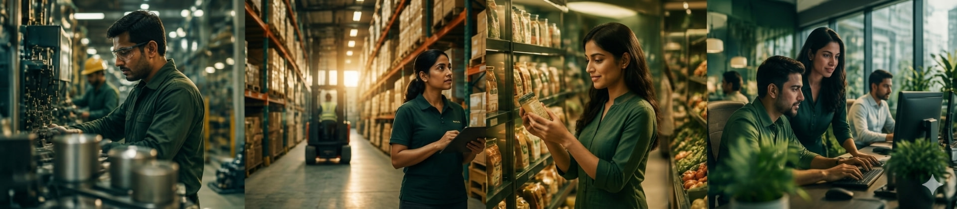 Manufacturing, logistics, retail and technology businesses at work