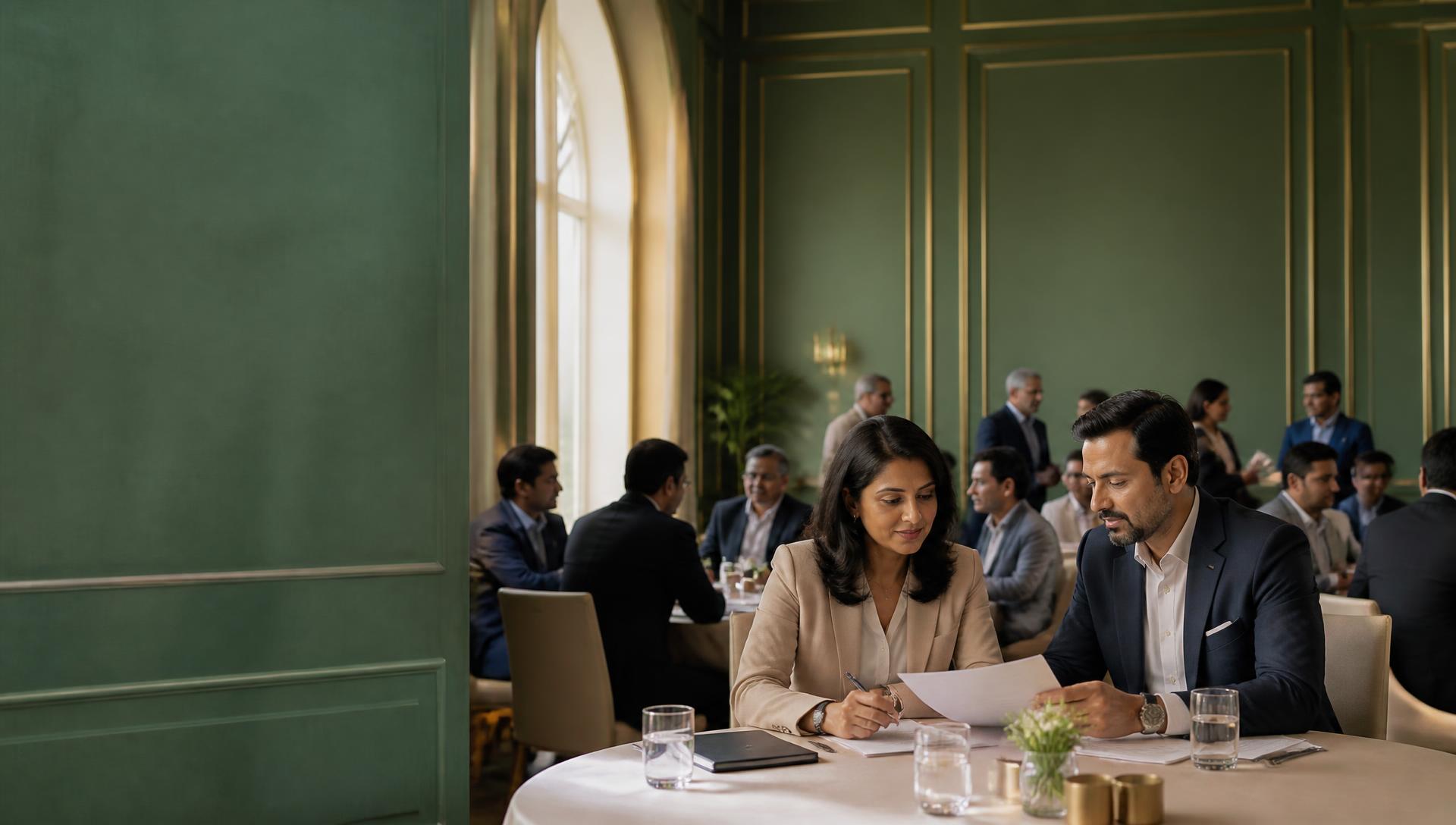 Indian business founders reviewing a plan at a BMI Growth gathering