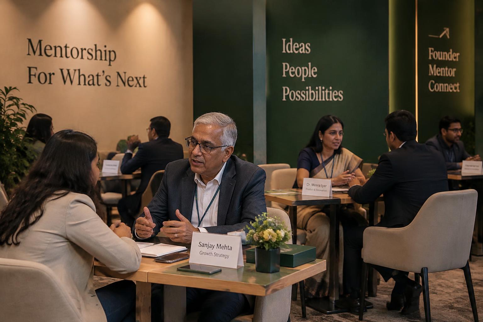 Senior business experts in consultation with founders at a mentorship desk